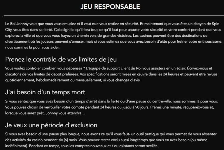 Le Roi Johnny Casino jeu responsable